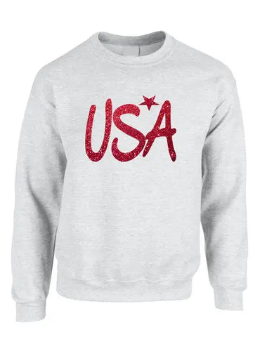 Adult Sweatshirt USA Red Glitter Love America 4th Of July Top