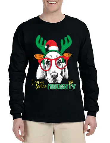 Men's Long Sleeve I Am On Santa's Naughty List Cute Dog Xmas