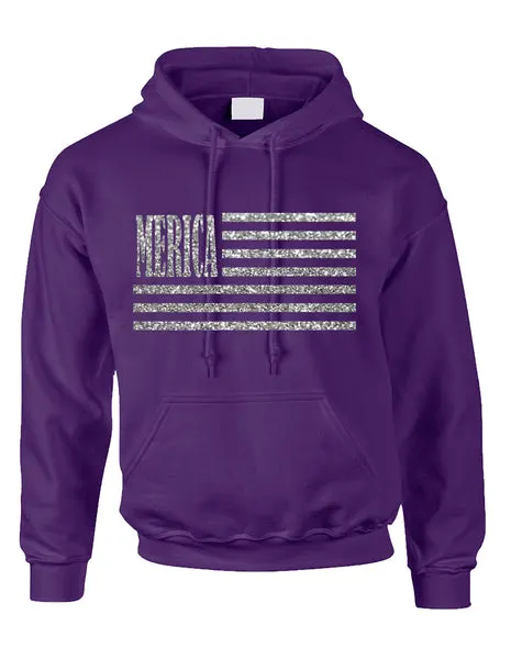 Adult Hoodie Merica Glitter Silver Flag 4th Of July USA