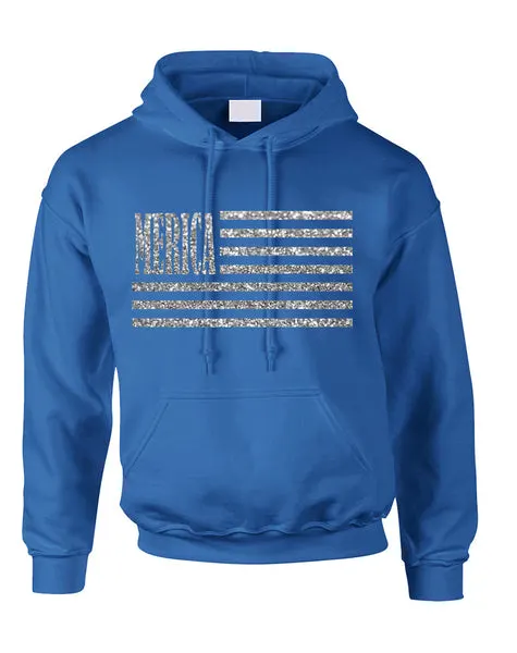 Adult Hoodie Merica Glitter Silver Flag 4th Of July USA