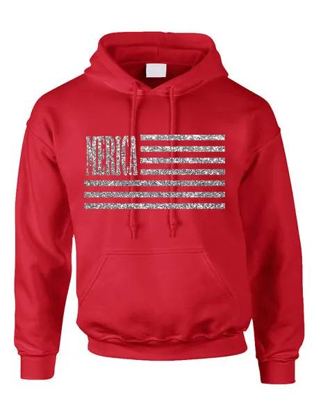 Adult Hoodie Merica Glitter Silver Flag 4th Of July USA